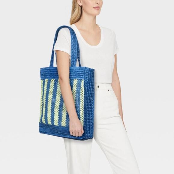 Universal Thread  Blue Green Striped Straw Crochet Tote Handbag - Picture 1 of 9